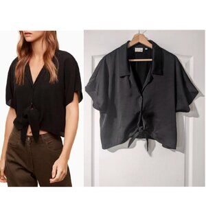 Aritzia Wilfred Free | Satin Tie-Front Short Sleeve Blouse In Black